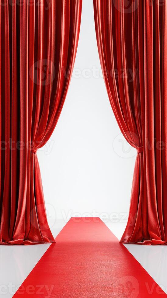 Elegant red curtains reveal a luxurious red carpet in a stylish venue for a special event or celebration photo
