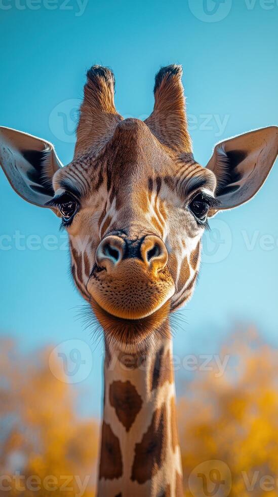 Giraffe gazes curiously against a clear blue sky in a tranquil natural habitat during daylight hours photo