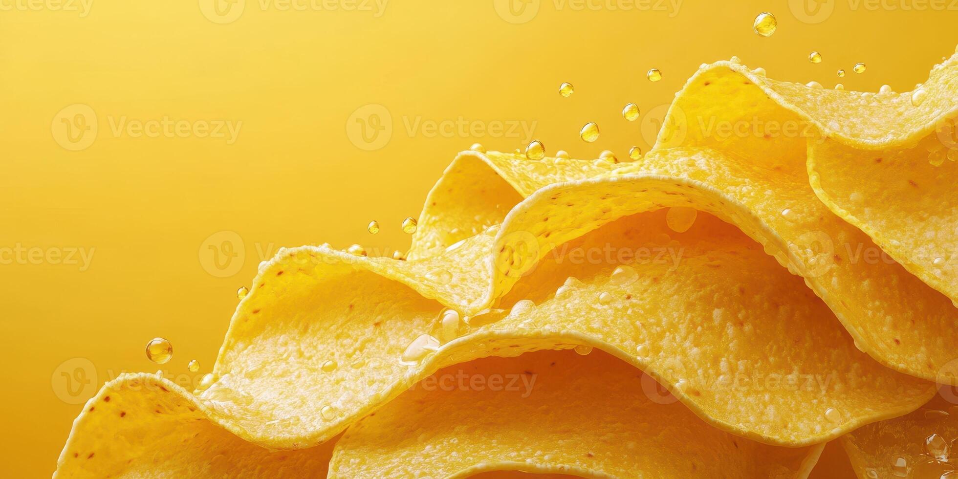 Crispy layers of corn chips splashed with water droplets on a vibrant yellow background photo