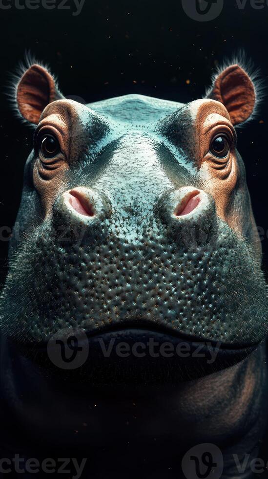 Detailed close-up view of a hippo showcasing its distinct facial features and textures in a low-light setting photo