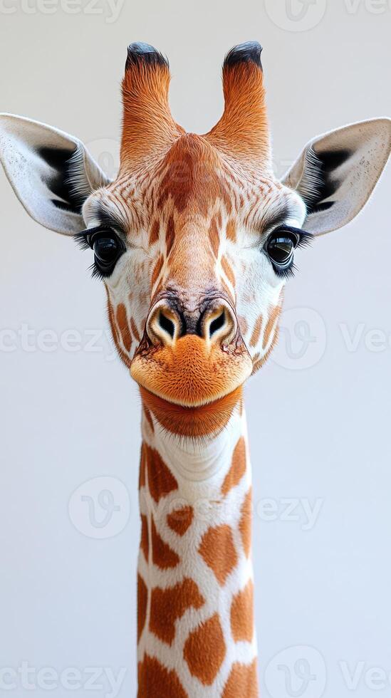 Giraffe stands gracefully against a plain background showcasing its distinctive features in a close-up view photo