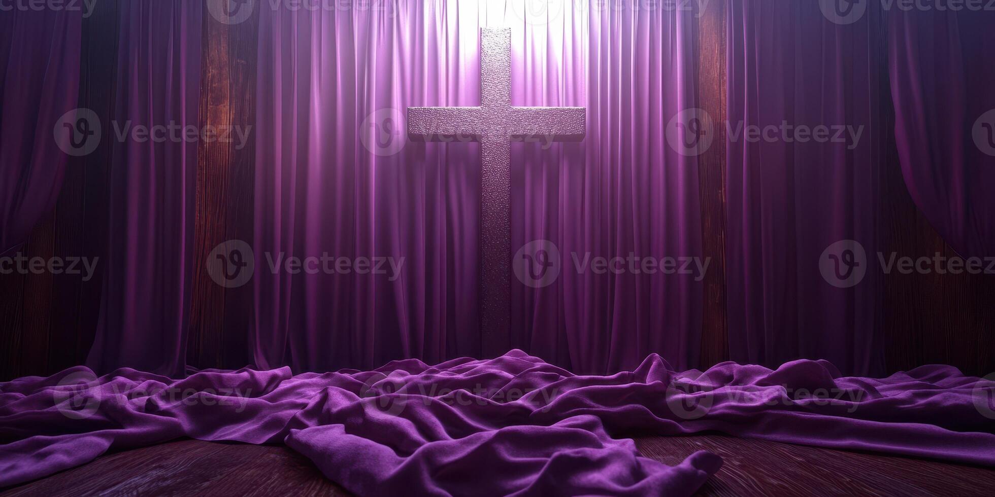 Elegant presentation of a cross draped in purple fabric illuminated by soft light in a serene setting photo
