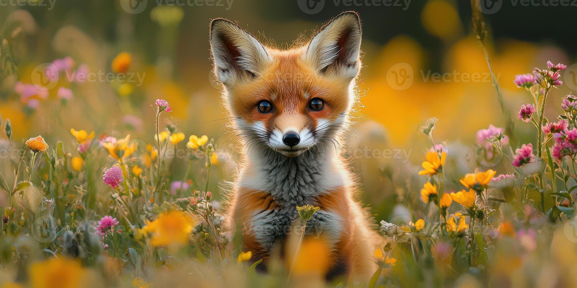 Fox stands amidst vibrant wildflowers during golden hour in a serene meadow photo
