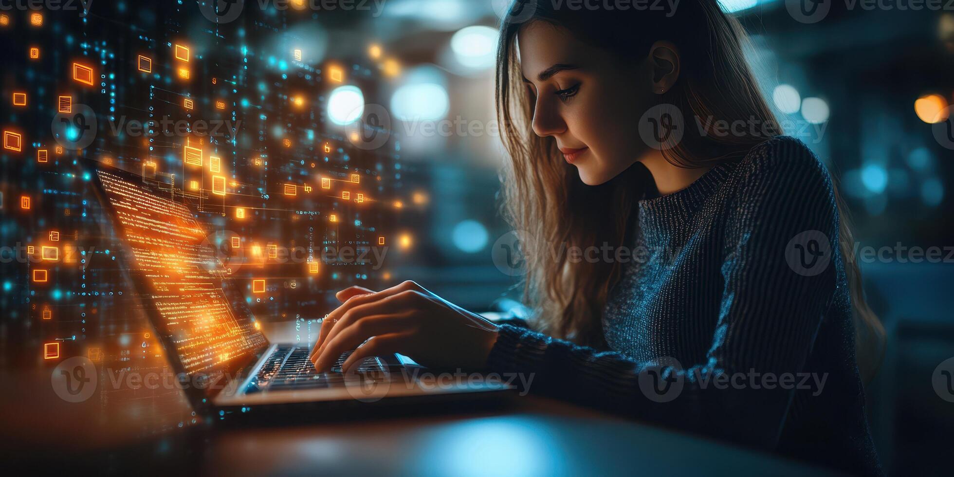 Young woman working on laptop with glowing data visualization in a modern workspace during nighttime photo