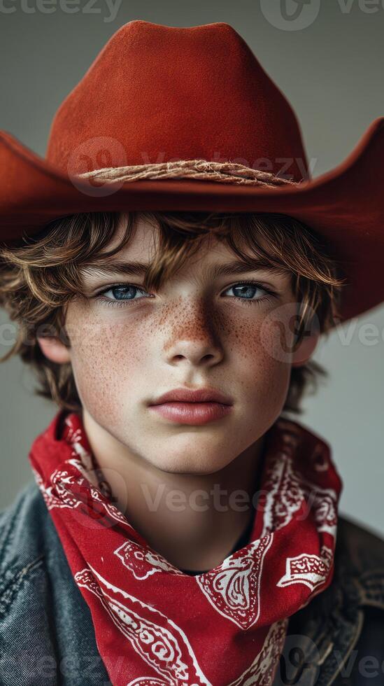 Young cowboy with freckles wearing a red bandana and orange hat indoors in a rustic setting during daylight photo