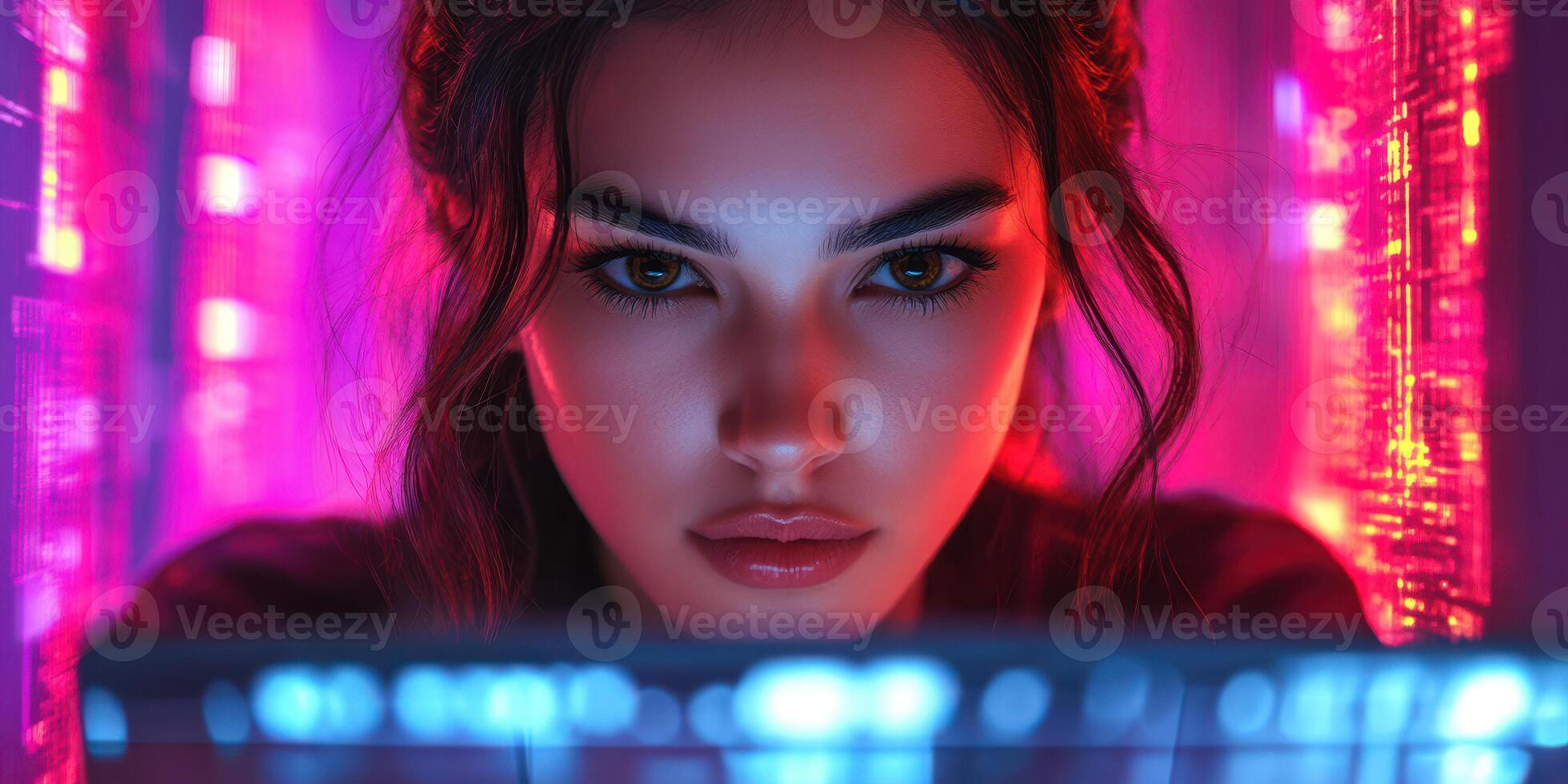Young woman focused on computer screen, surrounded by vibrant lights in a modern setting at night photo