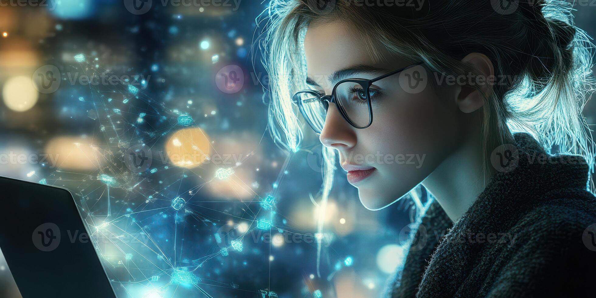 Focused individual engages with a digital device amidst a glowing, abstract background in an urban environment photo
