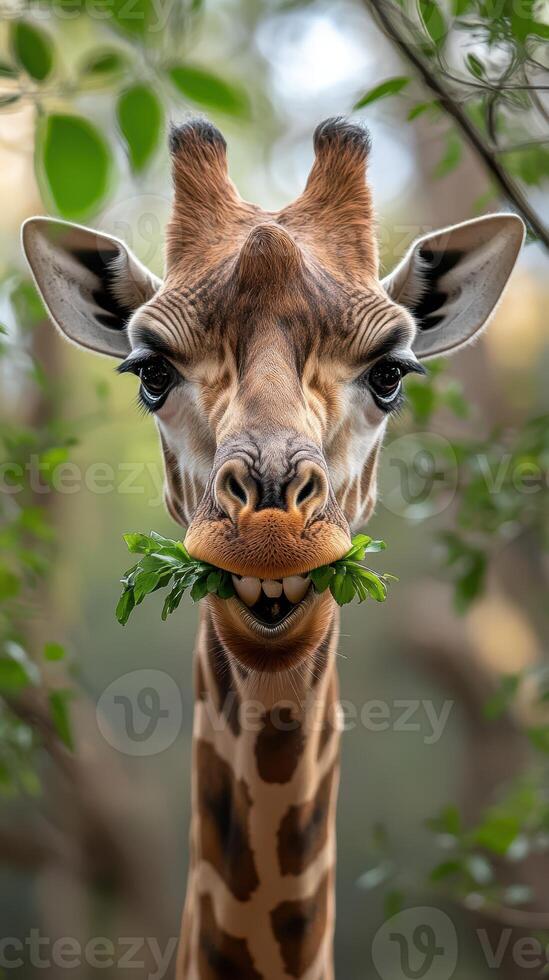 Giraffe enjoying a leafy snack in a lush natural setting surrounded by greenery during daylight photo