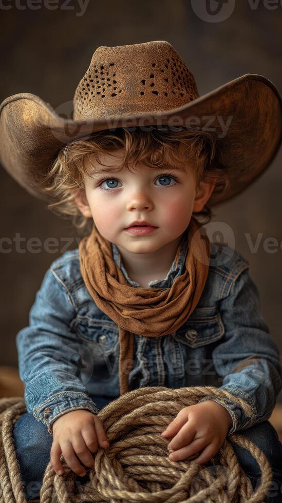 Young child dressed as a cowboy poses with ropes in a rustic setting, embodying the spirit of the West during golden hour lighting photo