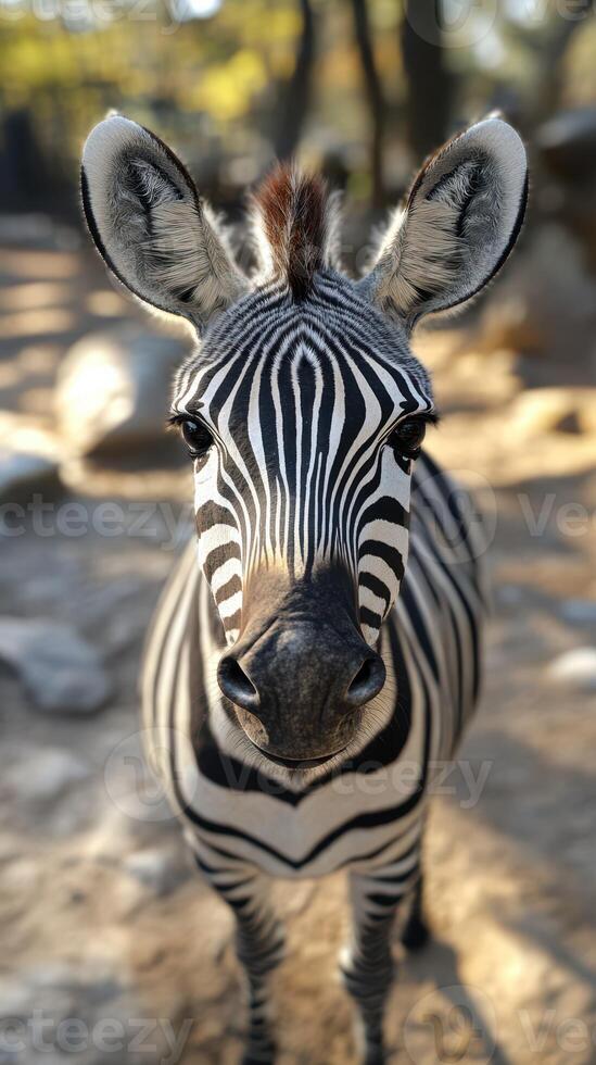 Close encounter with a curious zebra in a wildlife reserve during a sunny afternoon photo