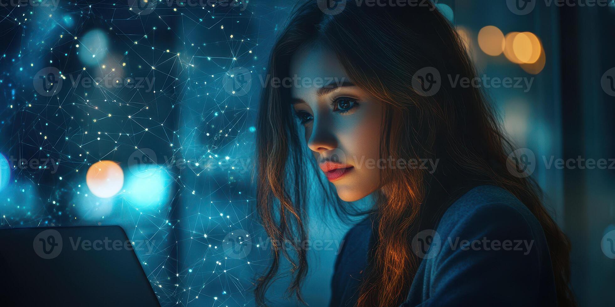 Young woman focused on laptop with glowing digital connections in urban setting at night photo