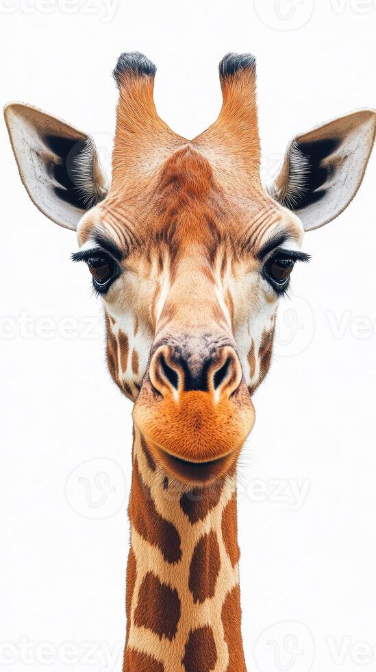 Giraffe with distinctive facial features against a plain background looks directly at the viewer highlighting its unique charm photo