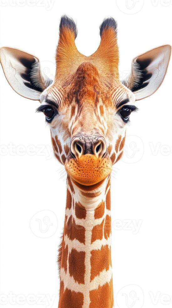 Giraffe standing majestically with a friendly expression against a white background in a nature setting photo