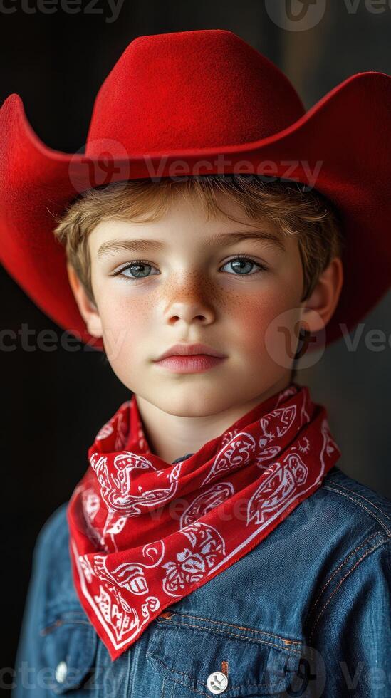 Young cowboy in a red hat and bandana poses confidently in a rustic setting during golden hour photo
