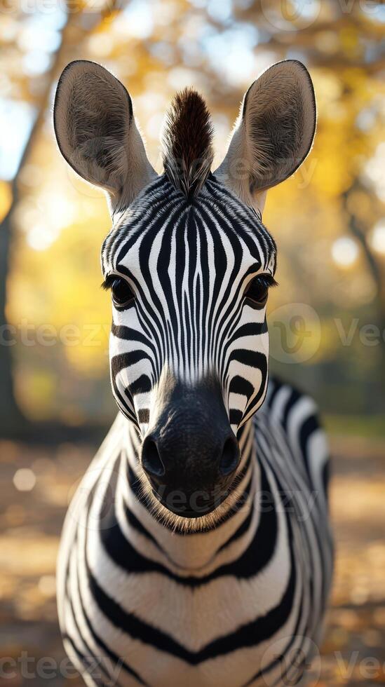 Striking close-up of a zebra in a forest during autumn with vibrant yellow leaves surrounding it photo