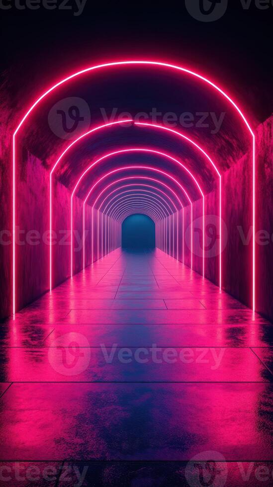 Illuminated tunnel with pink neon lights creating an atmospheric corridor at night photo