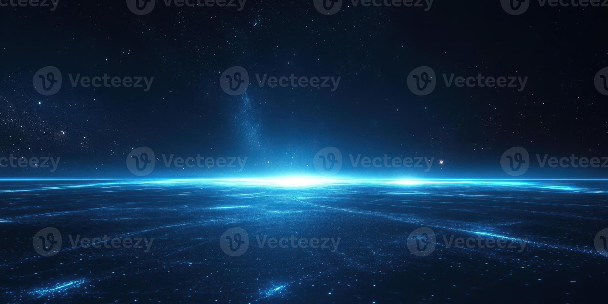 Cosmic horizon reveals glowing blue light in expansive universe during serene night photo