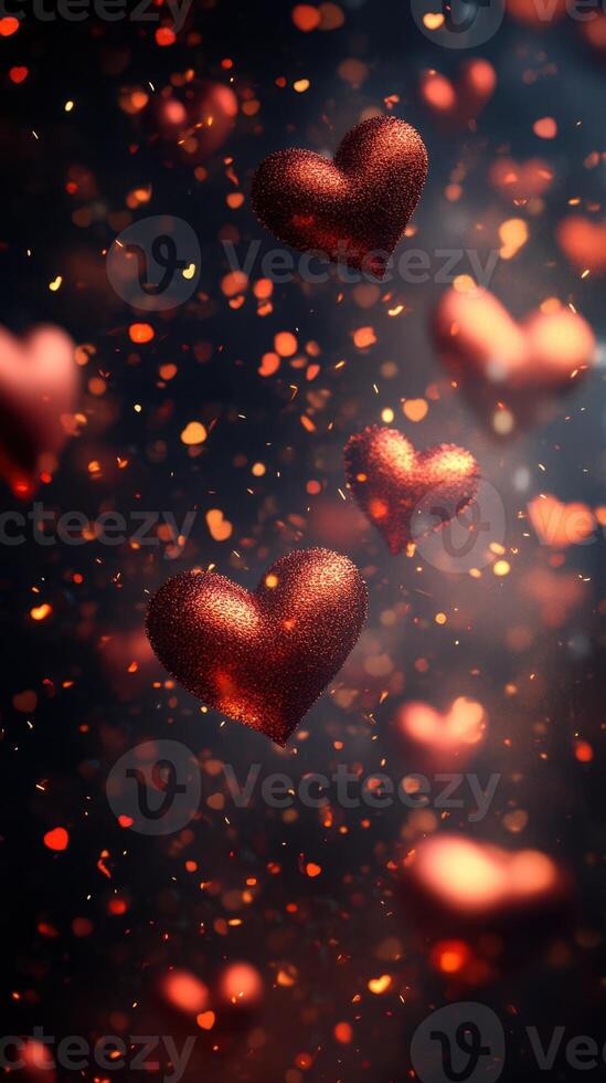 Romantic hearts floating in a whimsical atmosphere filled with glowing particles at night photo