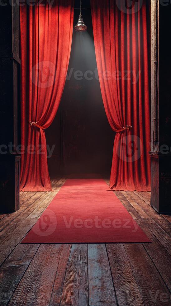 Red velvet curtains and a carpet create an inviting atmosphere for a theatrical performance in a dimly lit venue photo