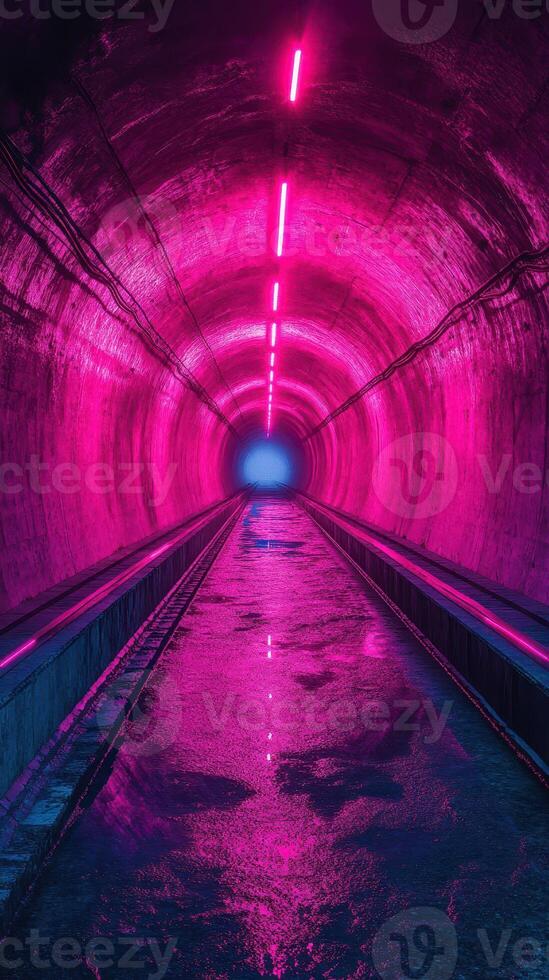 Bright pink lights illuminate a tunnel with reflections on wet surfaces creating an intriguing visual experience at night photo