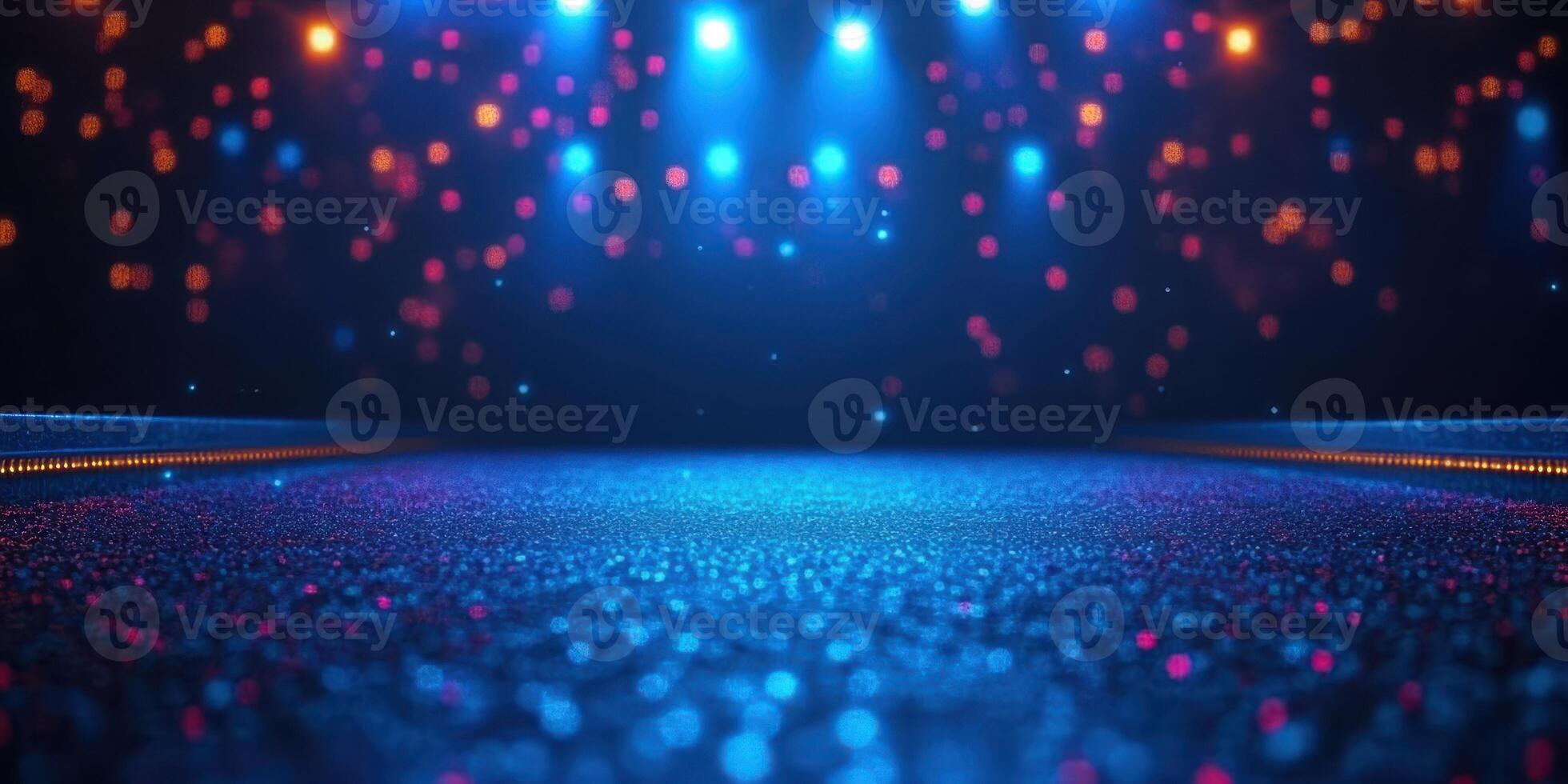 Dynamic stage setup with colorful lighting effects in a performance venue during night event photo