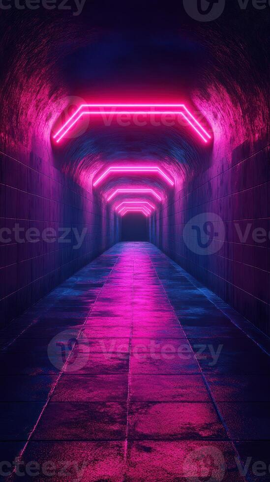 Neon lights illuminate an empty underground tunnel creating a vibrant atmosphere at night photo