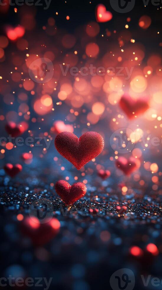 Floating hearts create a mesmerizing atmosphere filled with glowing lights and sparkles, perfect for celebrating love and affection photo