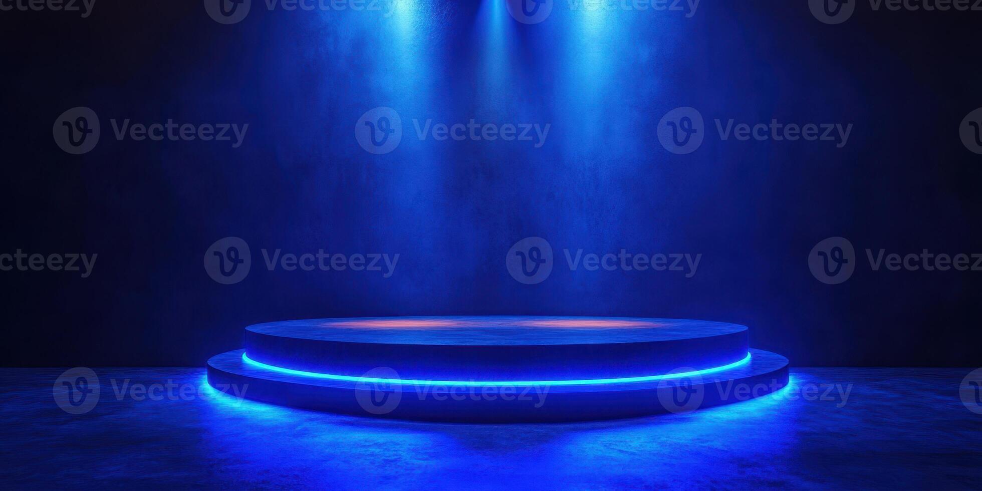 Blue illuminated circular stage with dramatic lighting in a dark setting for performances and events photo