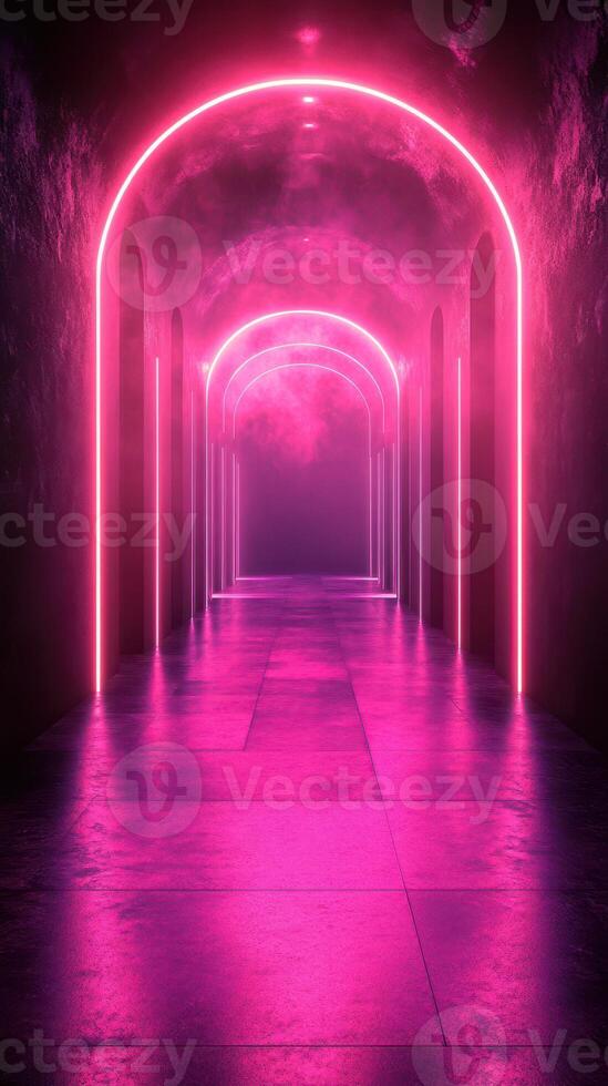 Vibrant neon-lit corridor with fog creating an enchanting atmosphere at night photo