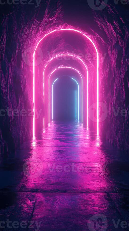 Vibrant neon-lit tunnel creates an enchanting atmosphere in an underground cavern photo