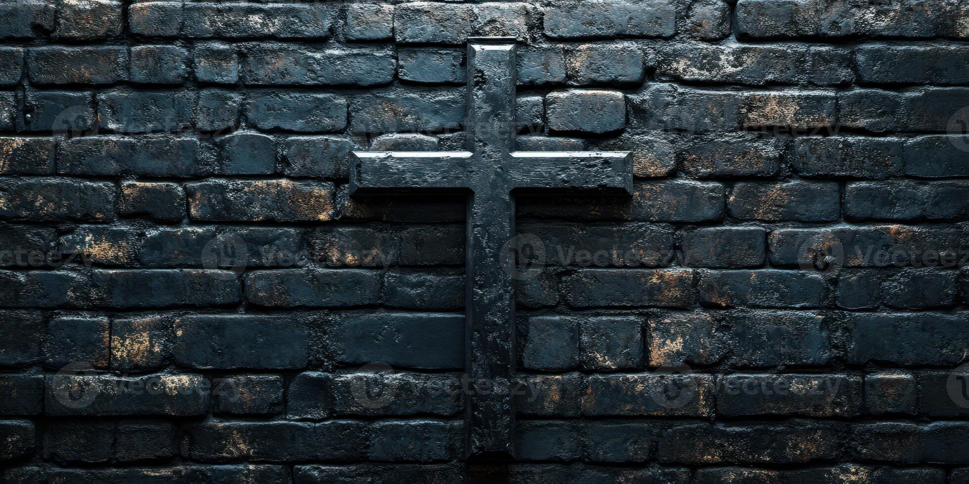 Cross mounted on a textured dark brick wall creates a solemn atmosphere in a spiritual space photo