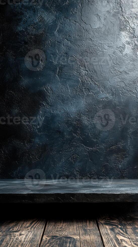 Textured black wall with wooden shelf creating a dramatic and elegant backdrop for display photo