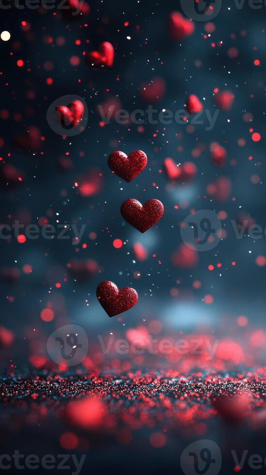 Creative display of floating glittering hearts in red and black colors for a romantic atmosphere photo