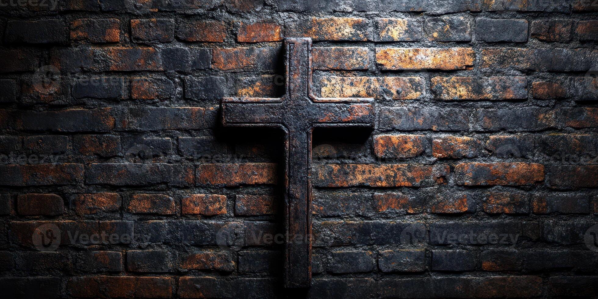 Rustic cross mounted on weathered brick wall in dim light showcasing textures and contrast photo