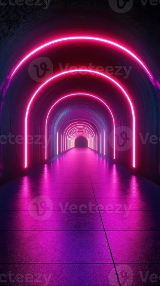 Colorful neon light tunnel creates a vibrant pathway in an urban setting at night photo