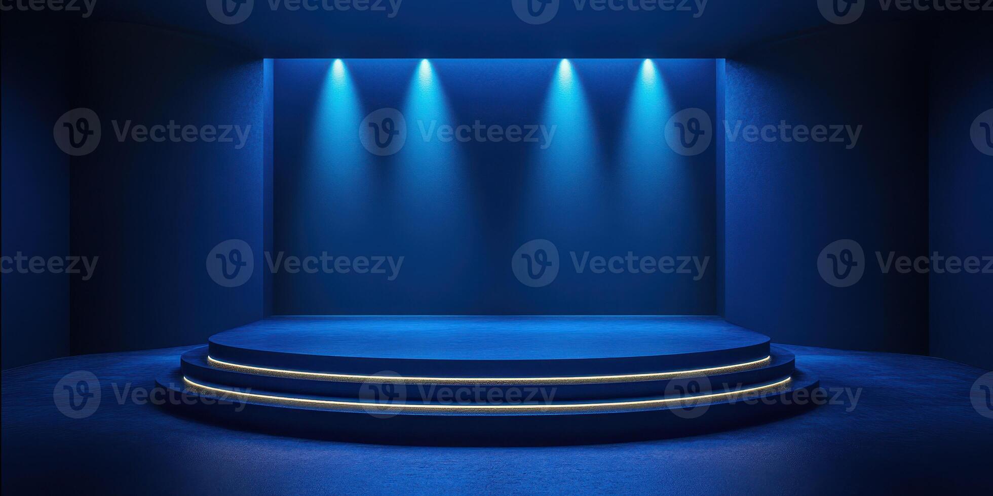 Bright blue stage illuminated by dramatic lighting in an empty performance space photo