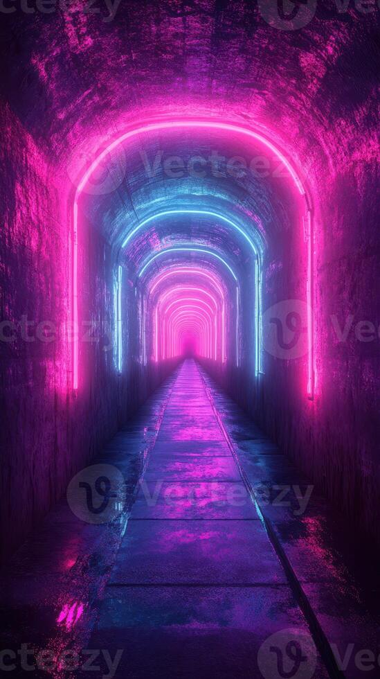Neon lit tunnel with pink and blue lights creates a surreal atmosphere in an underground setting photo