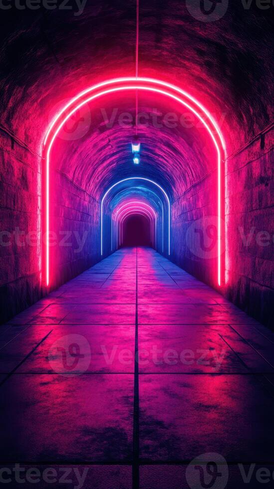 Vibrant neon lights illuminate a dark tunnel creating an inviting atmosphere in an urban setting at night photo