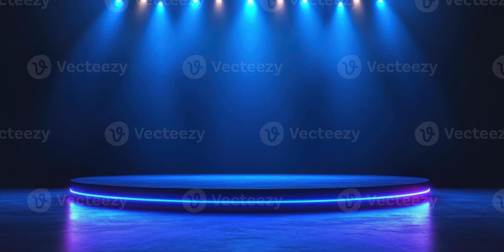 Bright blue stage awaits performers in an empty theater during evening hours photo