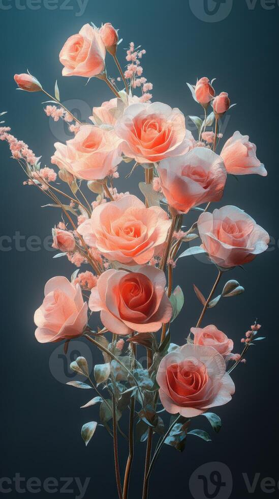 Delicate pink roses in a calm arrangement against a blue background photo