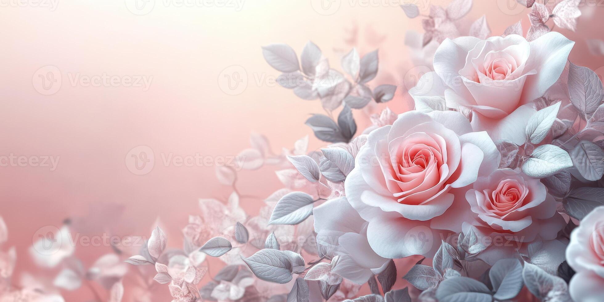 Delicate pink roses blossom amidst soft leaves in a serene garden setting during early morning light photo