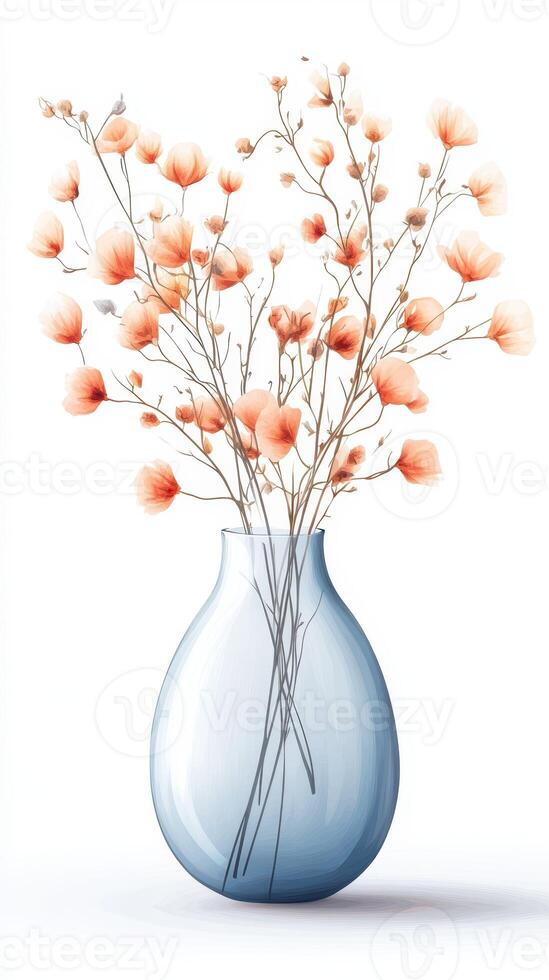 Delicate branches with soft orange flowers arranged in a light blue vase on a white background photo