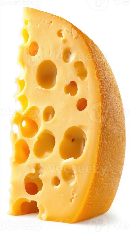 Cheese wedge with holes displayed against a plain background highlighting its texture and color photo