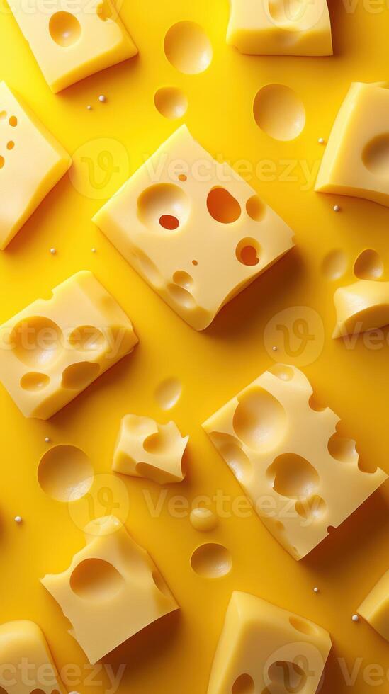 Cheese pieces scattered on a bright yellow background showcasing texture and holes in the cheese photo