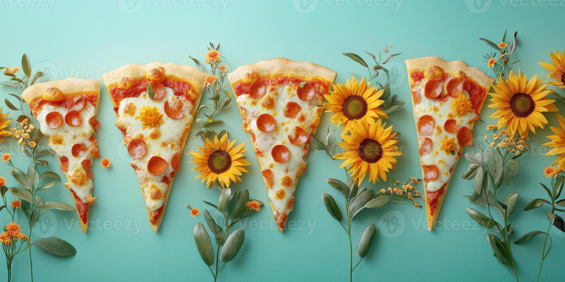 Slices of pizza arranged with sunflowers on a vibrant turquoise background for a cheerful presentation photo