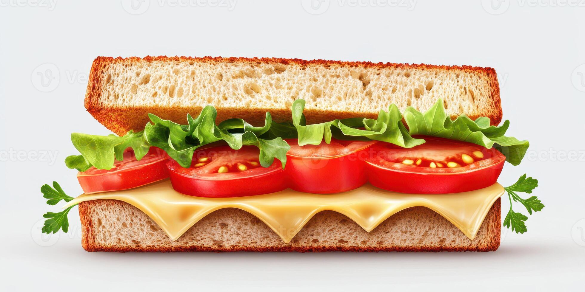 Freshly made sandwich with layers of cheese, lettuce, and tomatoes on whole grain bread photo
