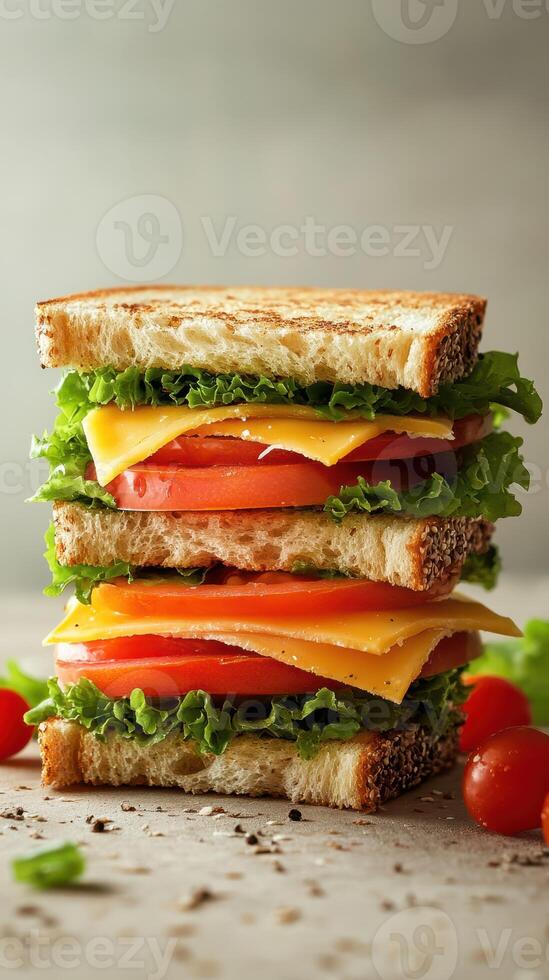 Delicious layered sandwich with fresh vegetables and cheese on whole grain bread served on a neutral backdrop photo