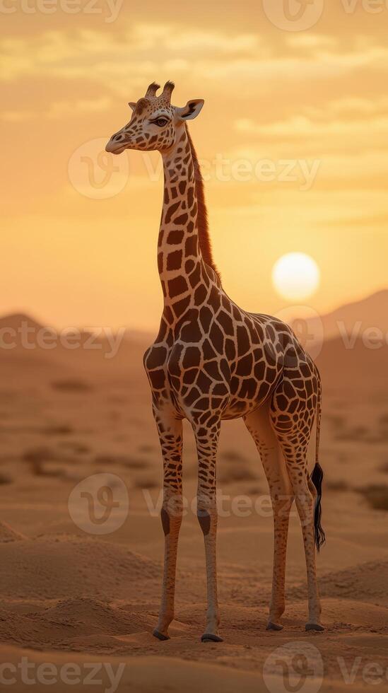 Giraffe stands majestically in the desert during a stunning sunset, showcasing its unique pattern and height against the warm glow photo