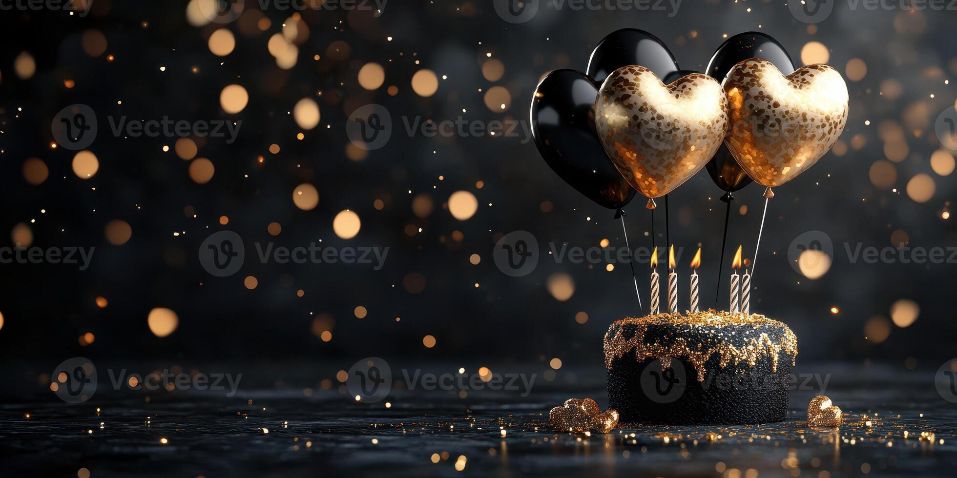 Beautiful heart-shaped balloons and a festive black cake with candles for a celebration in a dimly lit room photo