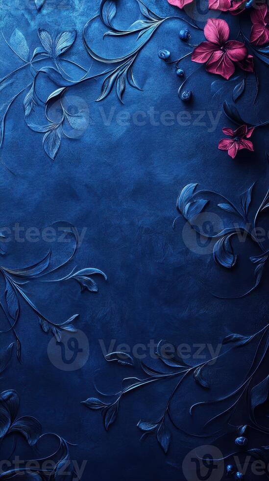 Elegant floral design on deep blue background creates a serene and sophisticated atmosphere for decor or design projects photo